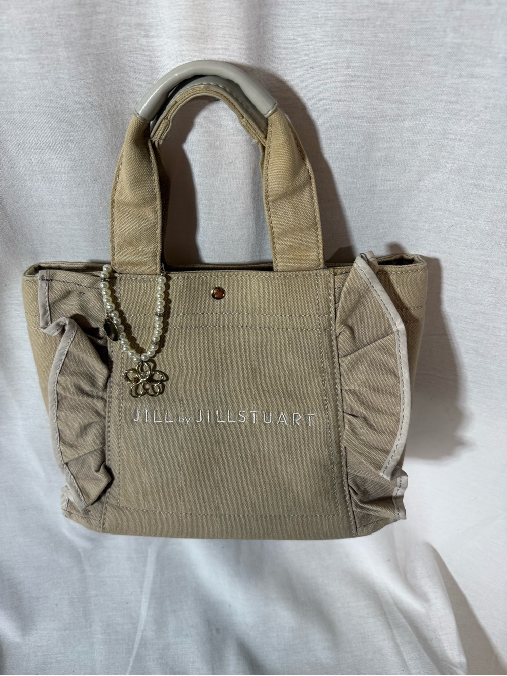 Jill by Jill Stuart Taupe Canvas Ruffle Tote with Pearl Charm